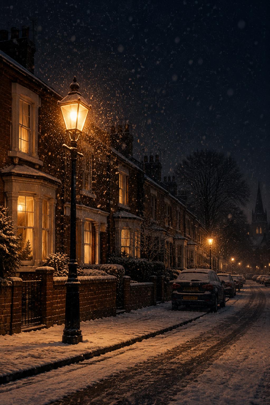 Snow falling under a British street lamp-post at night